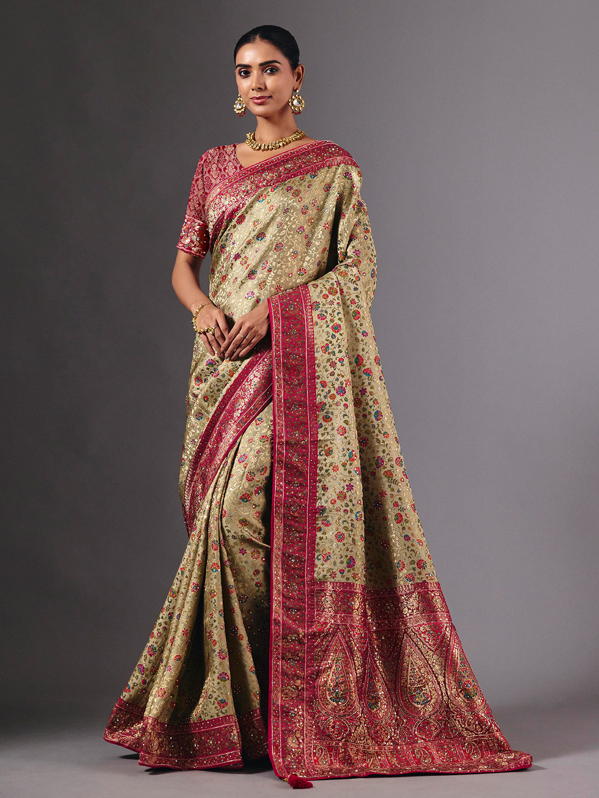 Pista green satin silk saree with floral zardosi elegance