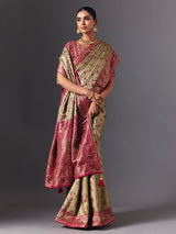 Pista green satin silk saree with floral zardosi elegance