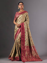 Pista green satin silk saree with floral zardosi elegance