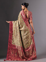 Pista green satin silk saree with floral zardosi elegance