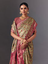 Pista green satin silk saree with floral zardosi elegance