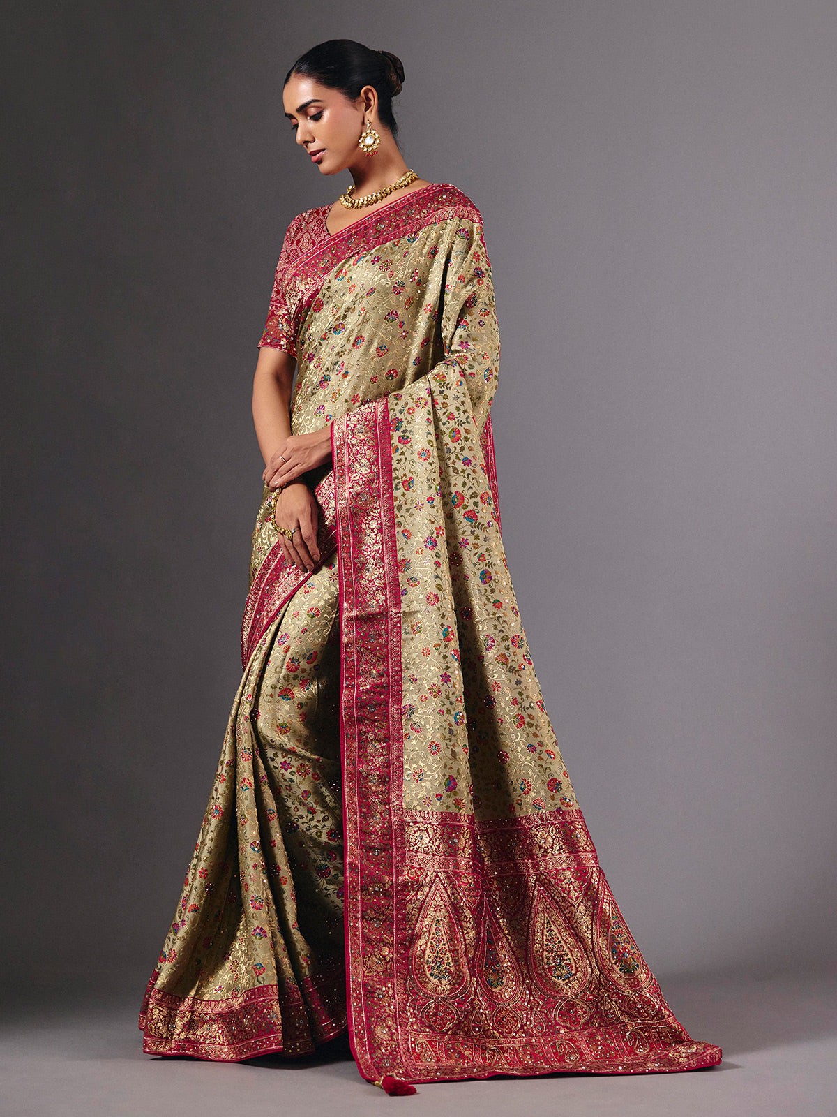 Pista green satin silk saree with floral zardosi elegance