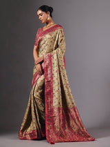 Pista green satin silk saree with floral zardosi elegance