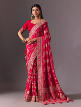 Rani pink satin silk saree with luxurious zari embellishments