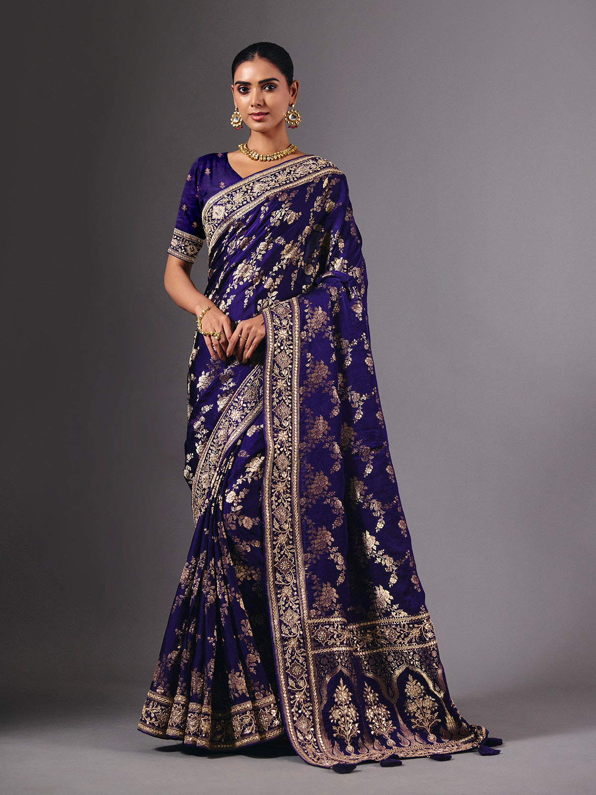 Royal blue satin silk saree with dazzling zardosi embellishments