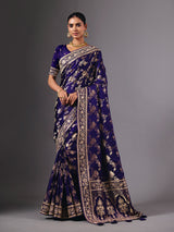 Royal blue satin silk saree with dazzling zardosi embellishments