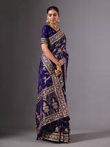 Royal blue satin silk saree with dazzling zardosi embellishments