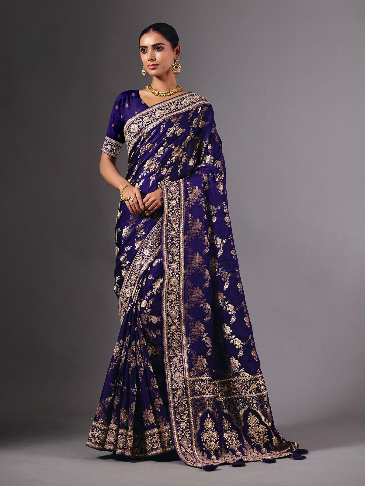 Royal blue satin silk saree with dazzling zardosi embellishments