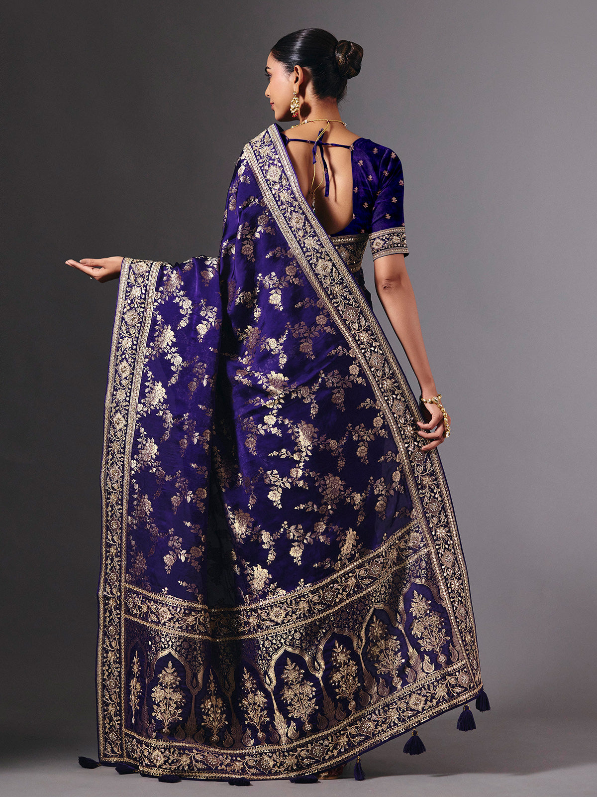 Royal blue satin silk saree with dazzling zardosi embellishments