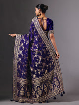 Royal blue satin silk saree with dazzling zardosi embellishments