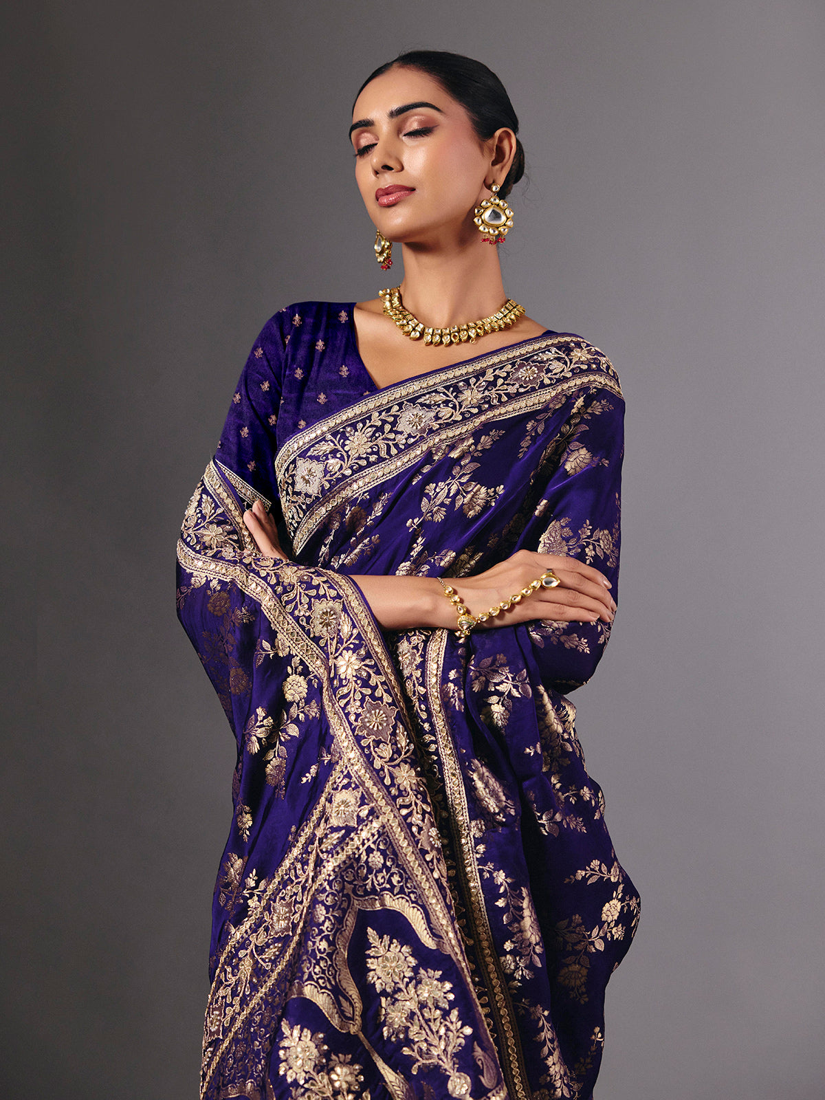 Royal blue satin silk saree with dazzling zardosi embellishments