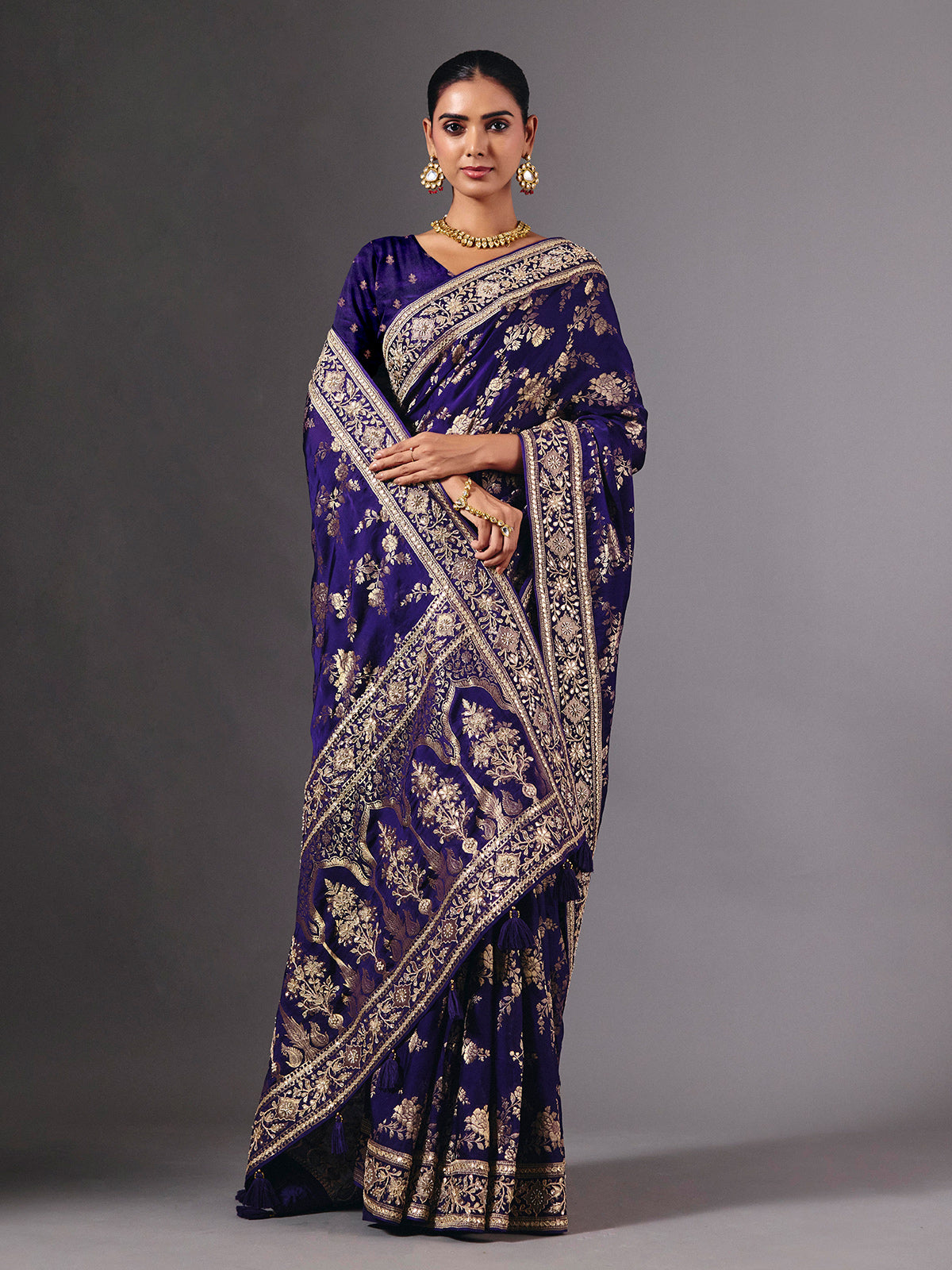 Royal blue satin silk saree with dazzling zardosi embellishments