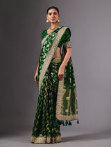 Green satin silk saree with ornate zari tassel detailing