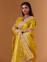 Yellow satin silk saree with elegant mirror zari artistry