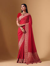 Red dola silk saree with exquisite zari butti embellishments