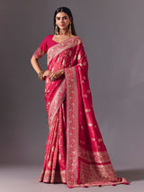 Rani pink satin silk saree with exquisite zari butta detailing