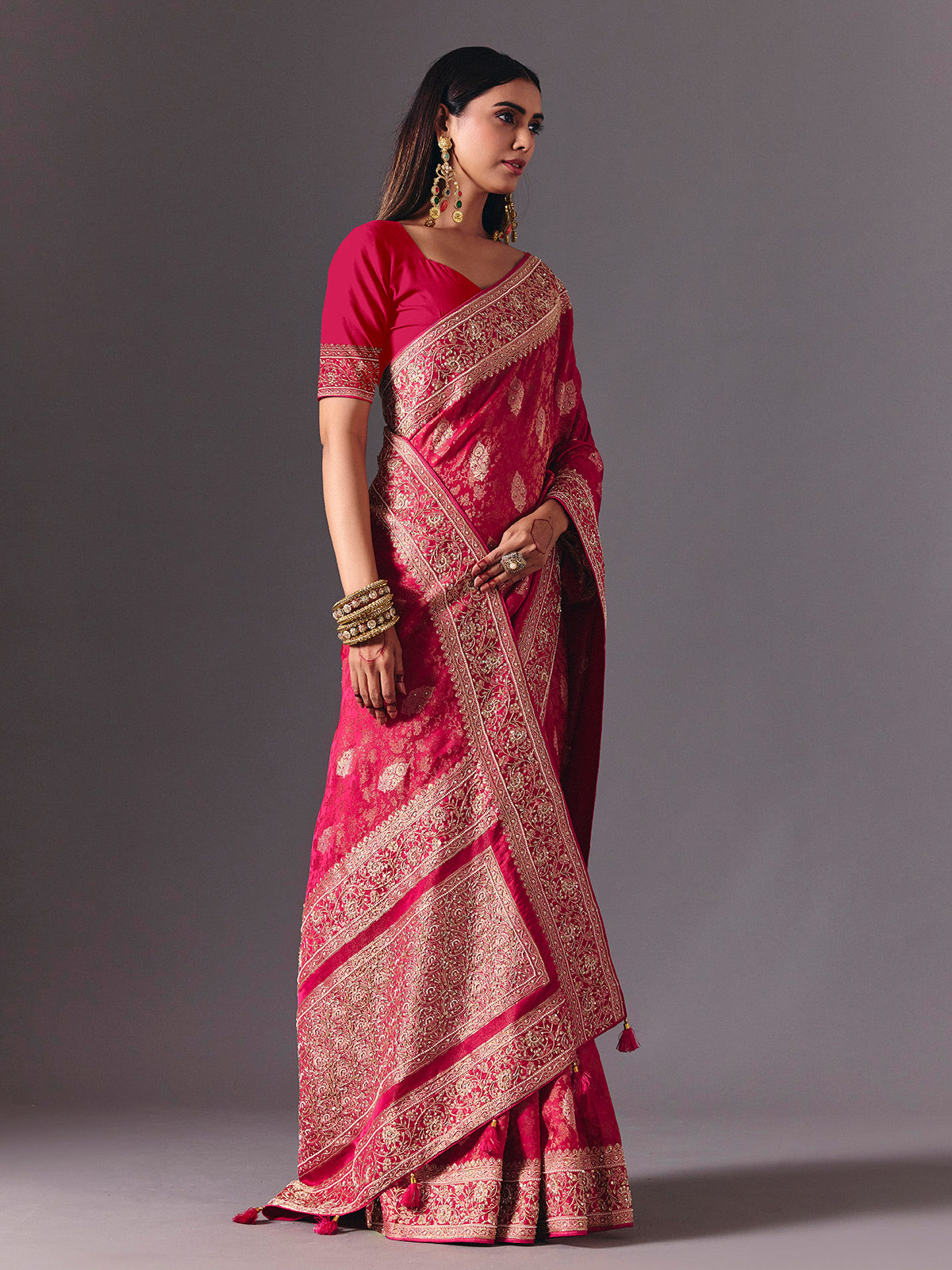 Rani pink satin silk saree with exquisite zari butta detailing