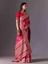 Rani pink satin silk saree with exquisite zari butta detailing