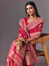 Rani pink satin silk saree with exquisite zari butta detailing