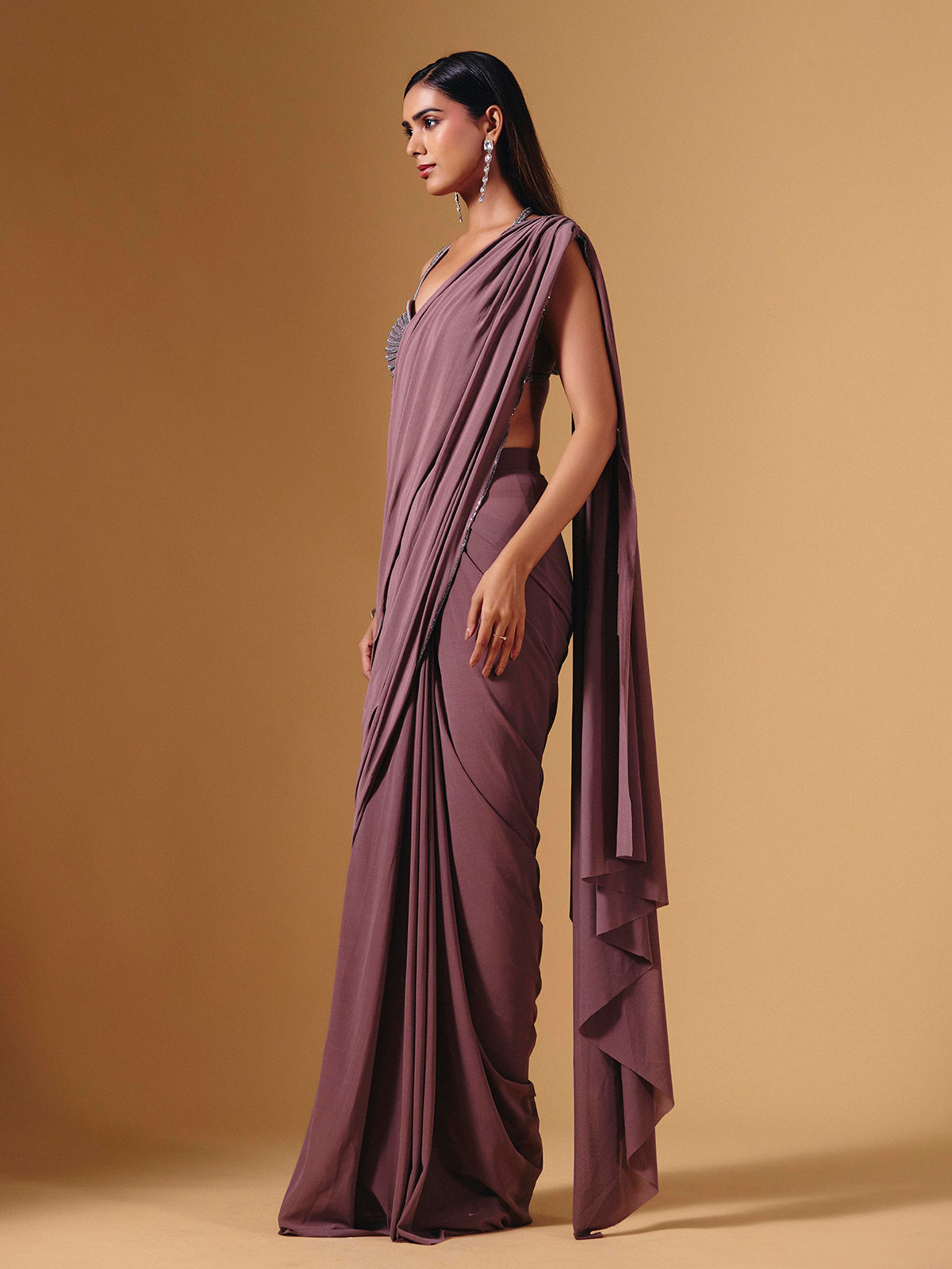 Light wine lycra ready to wear saree with stone embellishments