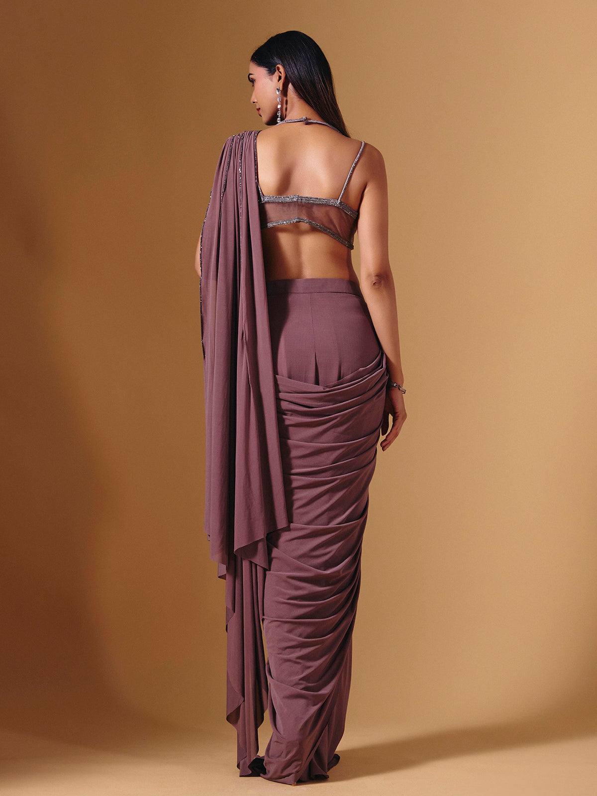 Light wine lycra ready to wear saree with stone embellishments