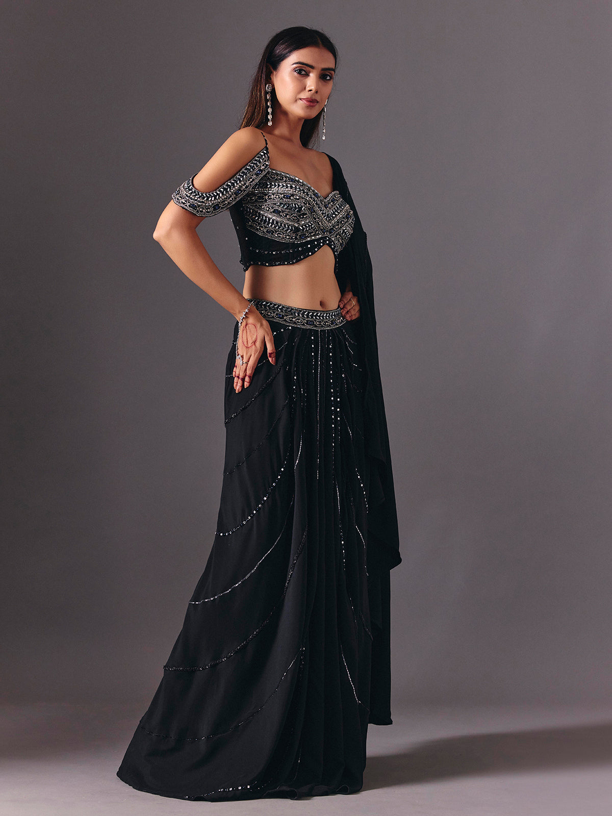Black satin silk ready to wear saree with cutdana embellishments