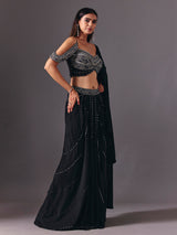 Black satin silk ready to wear saree with cutdana embellishments