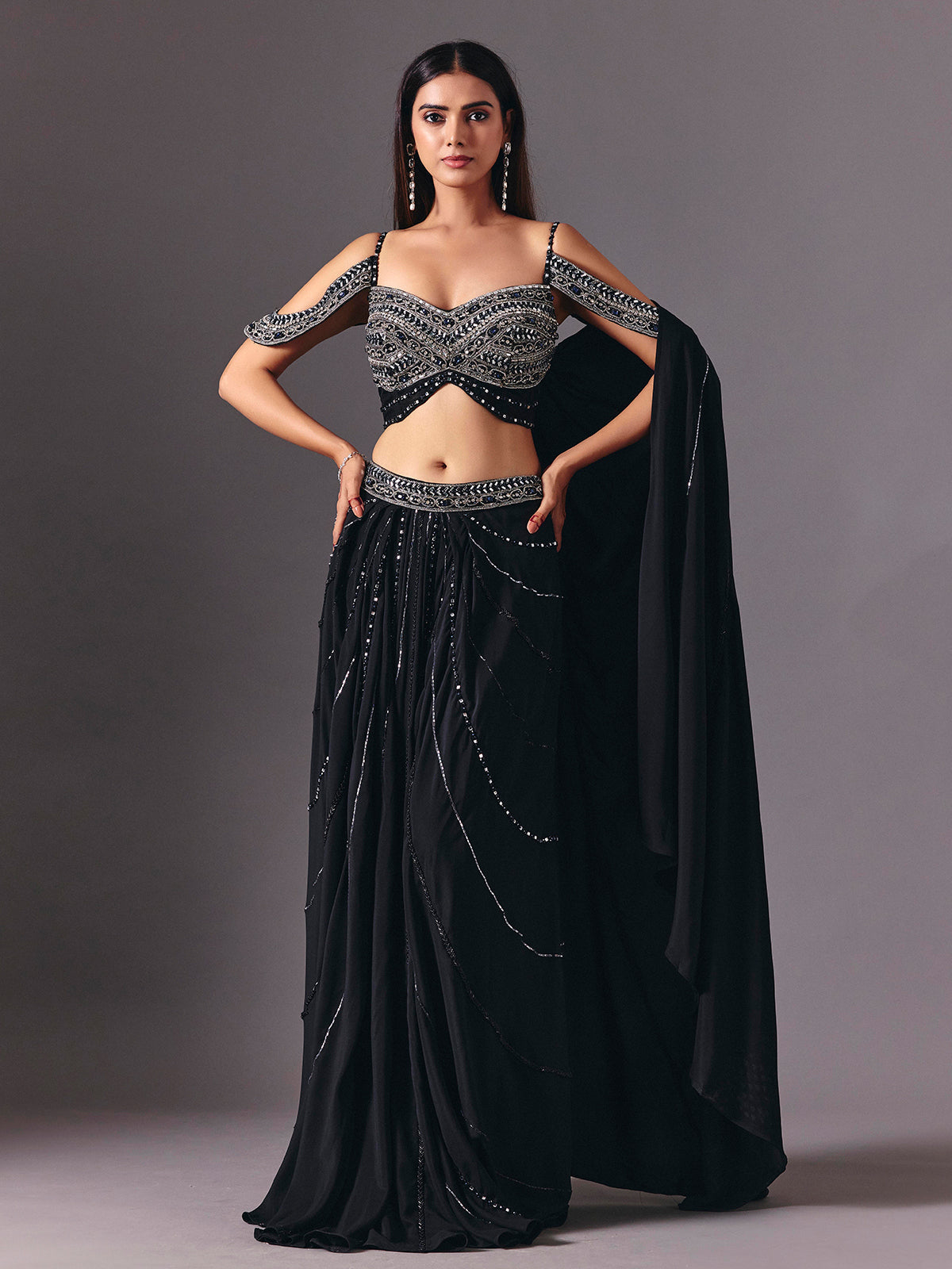 Black satin silk ready to wear saree with cutdana embellishments