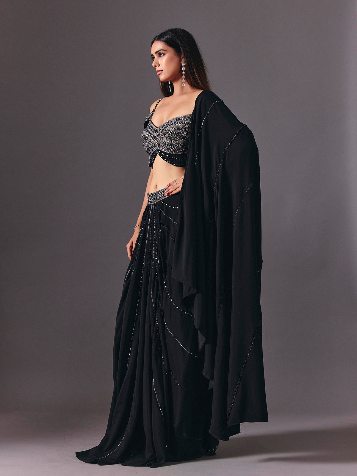 Black satin silk ready to wear saree with cutdana embellishments