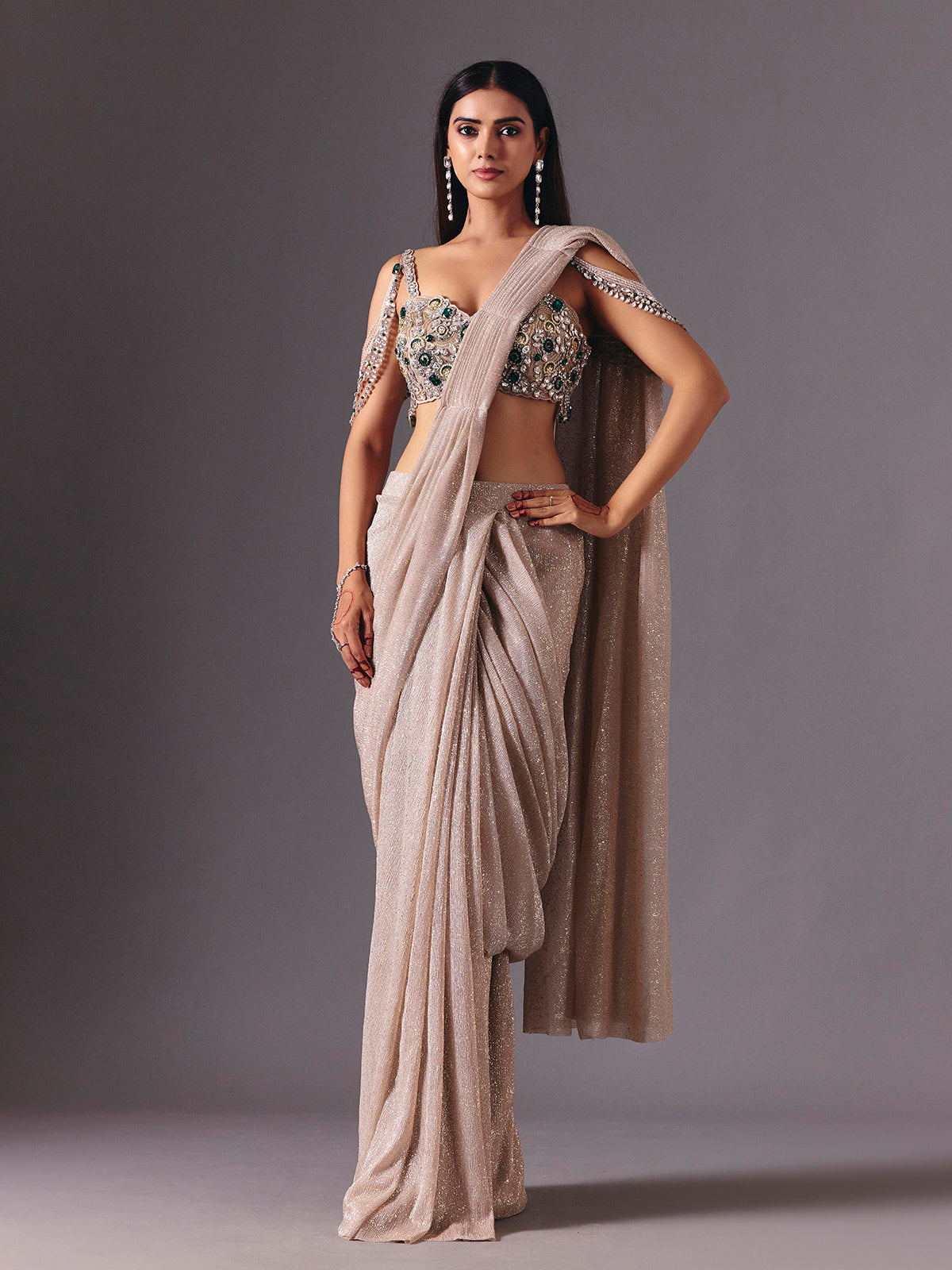 Beige net ready to wear saree with zardosi diamond detailing
