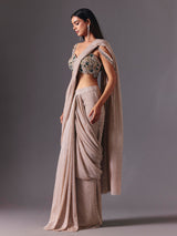 Beige net ready to wear saree with zardosi diamond detailing
