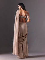 Beige net ready to wear saree with zardosi diamond detailing