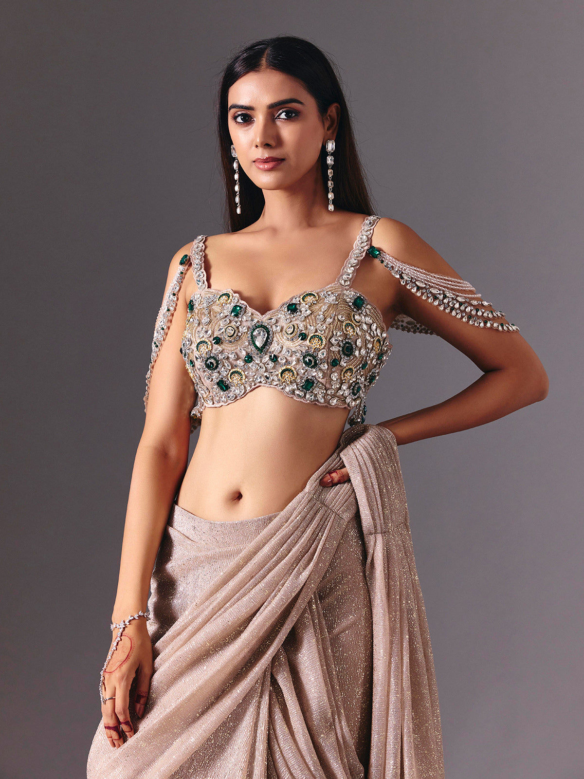 Beige net ready to wear saree with zardosi diamond detailing
