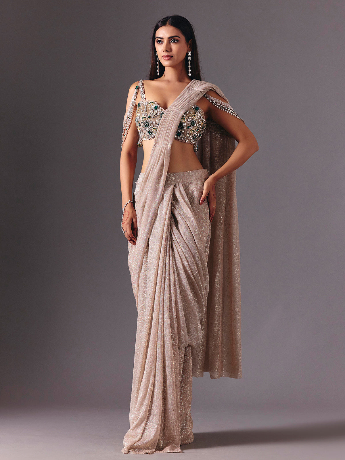 Beige net ready to wear saree with zardosi diamond detailing