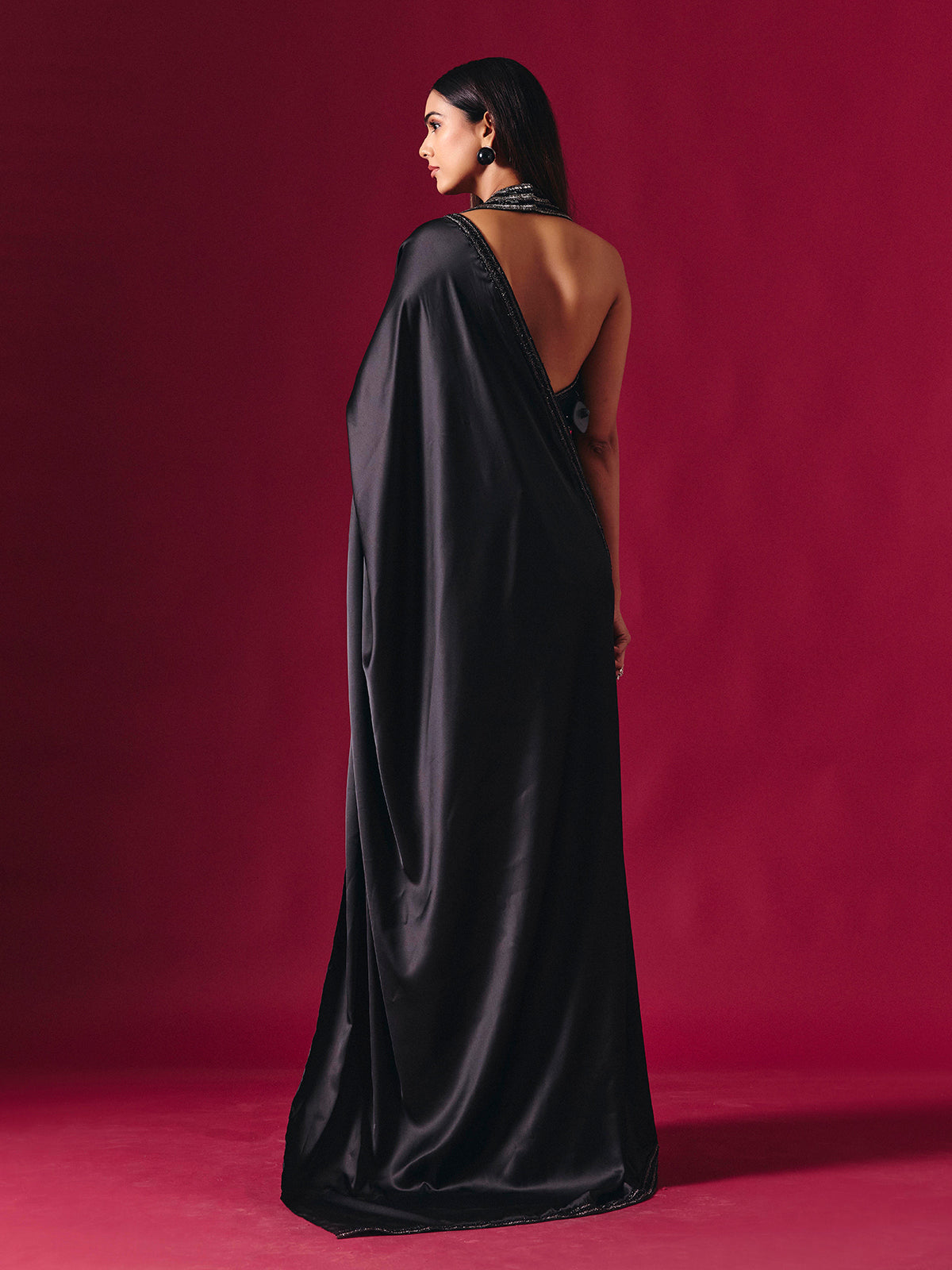 Black satin silk ready to wear saree with diamond elegance