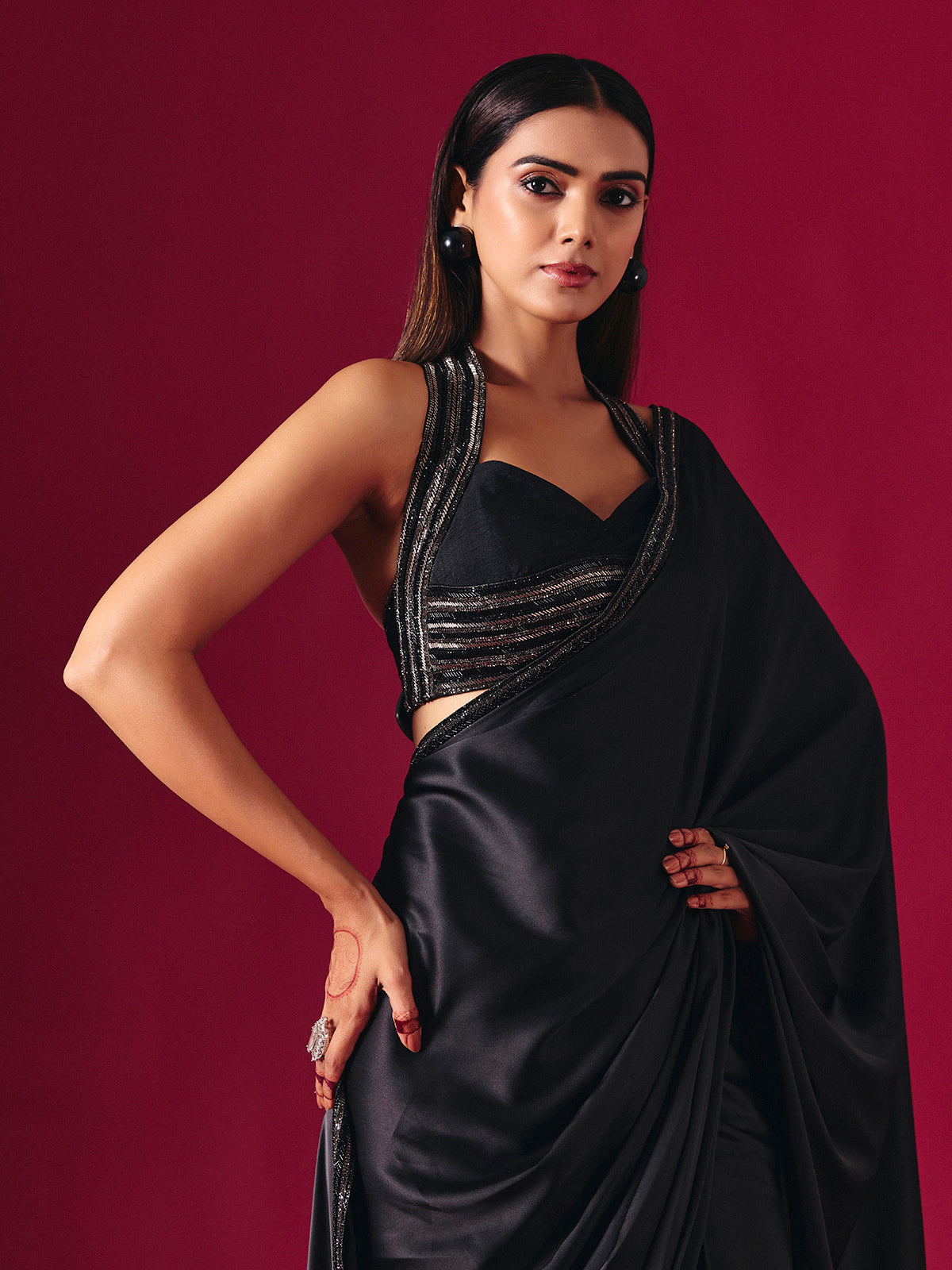 Black satin silk ready to wear saree with diamond elegance