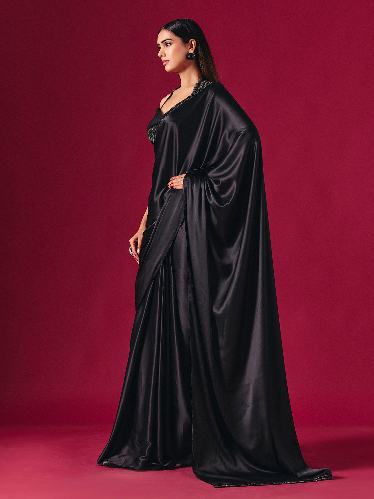Black satin silk ready to wear saree with diamond elegance
