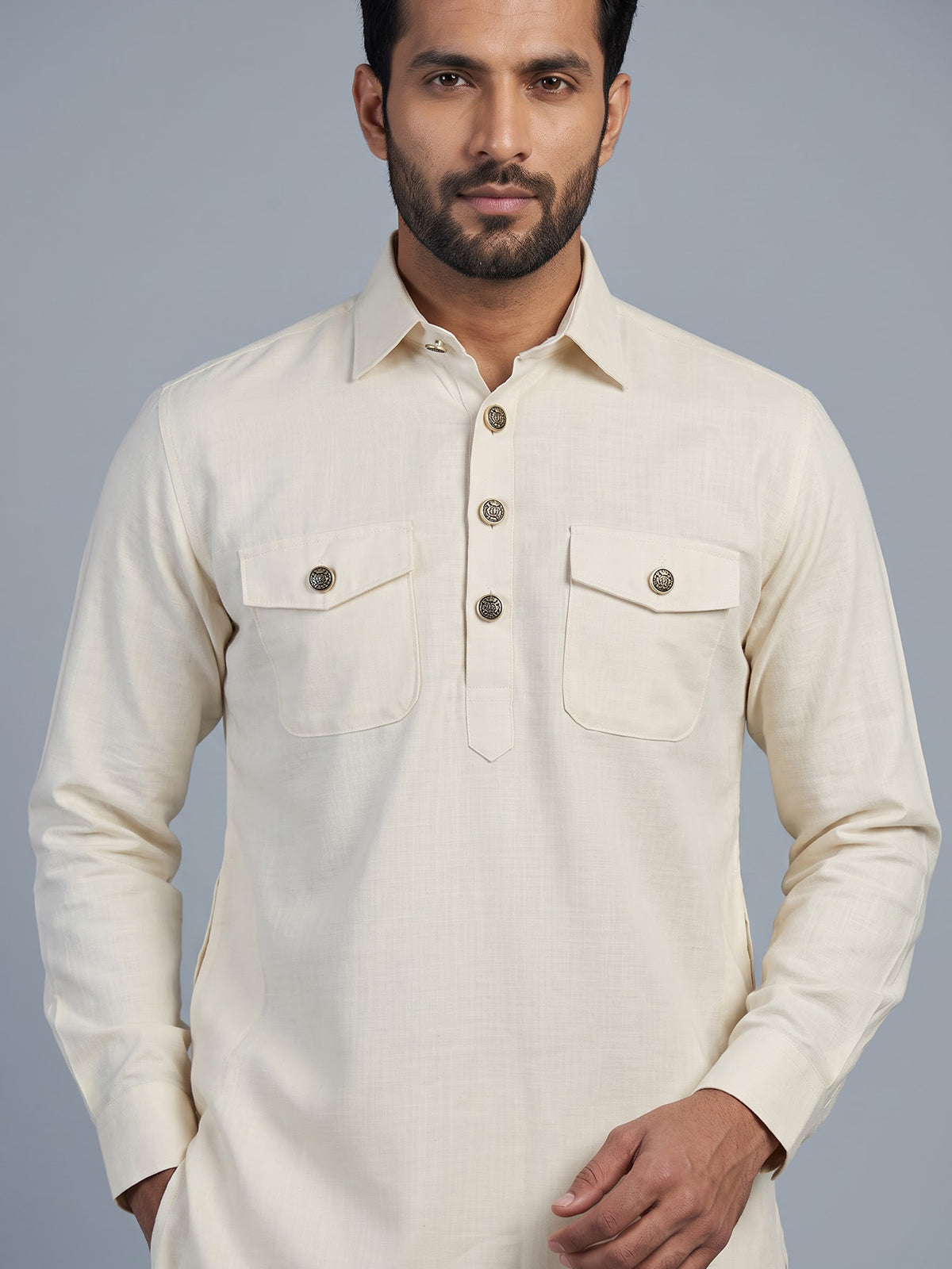 Cream linen pathani suit for men festive celebrations