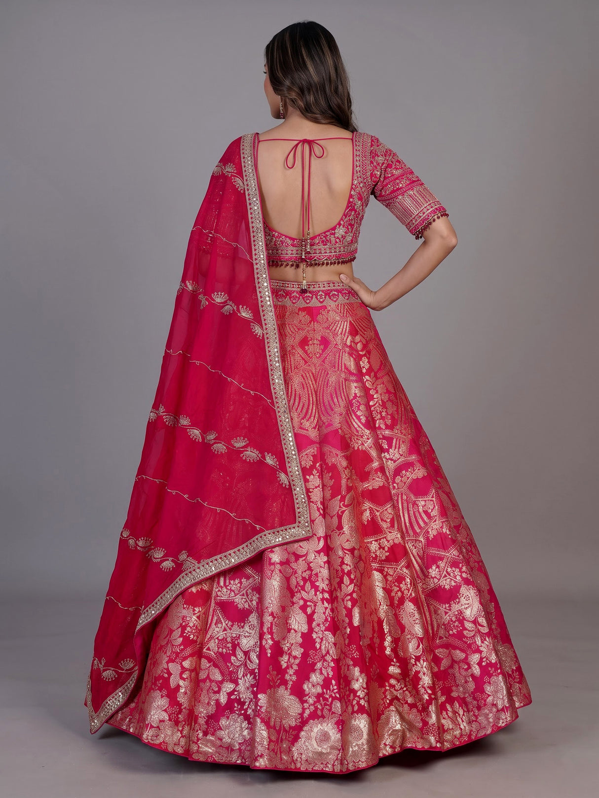 Rani pink banarasi jacquard lehenga choli with dupatta