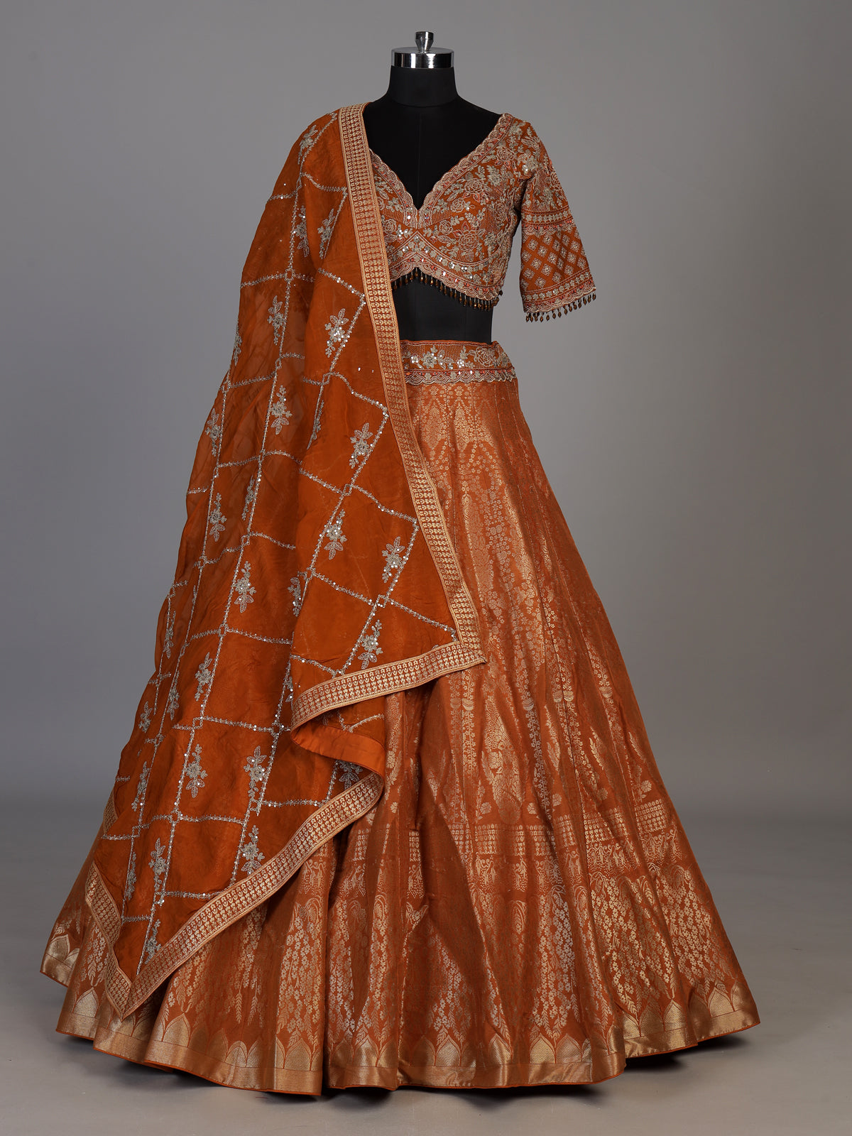 Orange banarasi silk wedding wear lehenga choli with dupatta