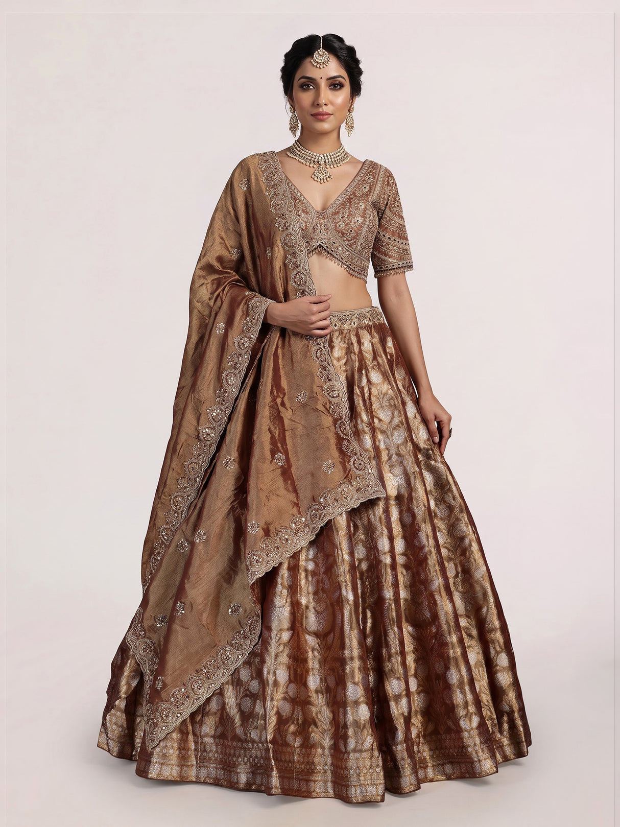 Rust brown banarasi jacquard lehenga choli with dupatta