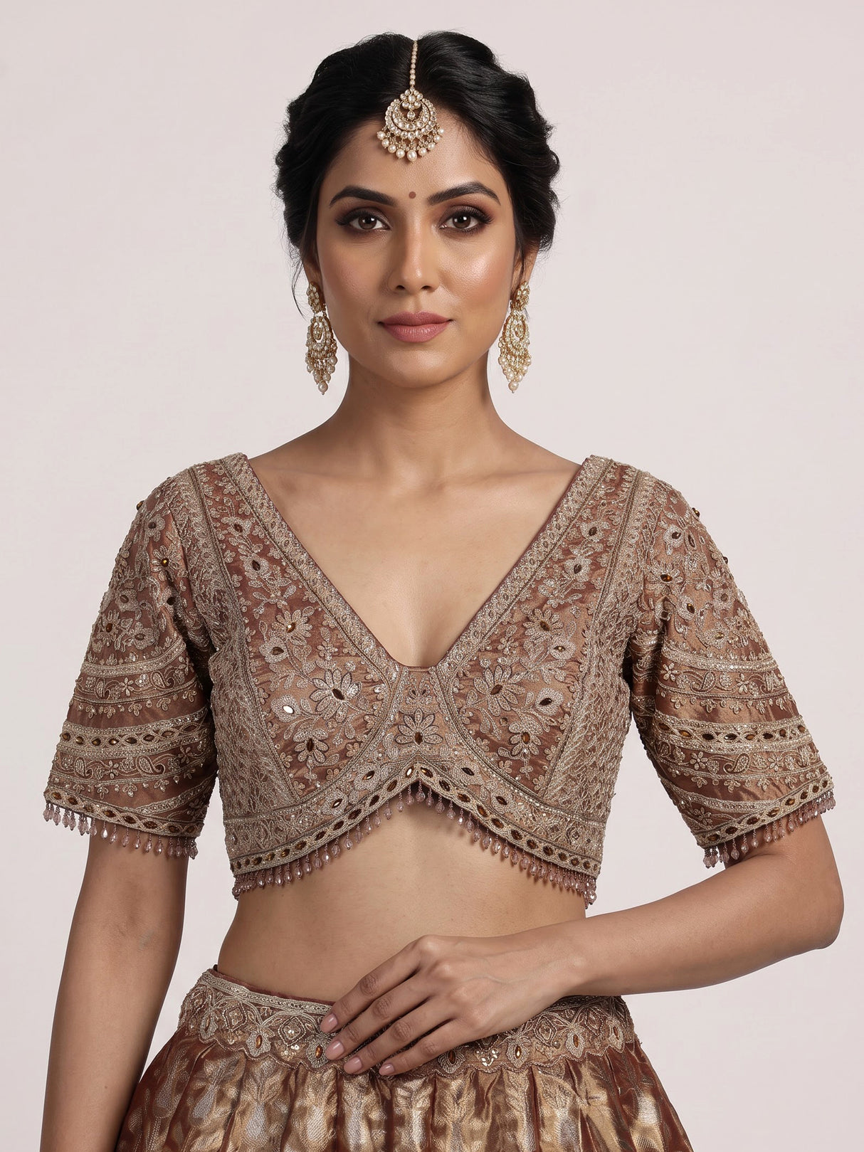 Rust brown banarasi jacquard lehenga choli with dupatta