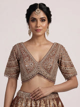 Rust brown banarasi jacquard lehenga choli with dupatta
