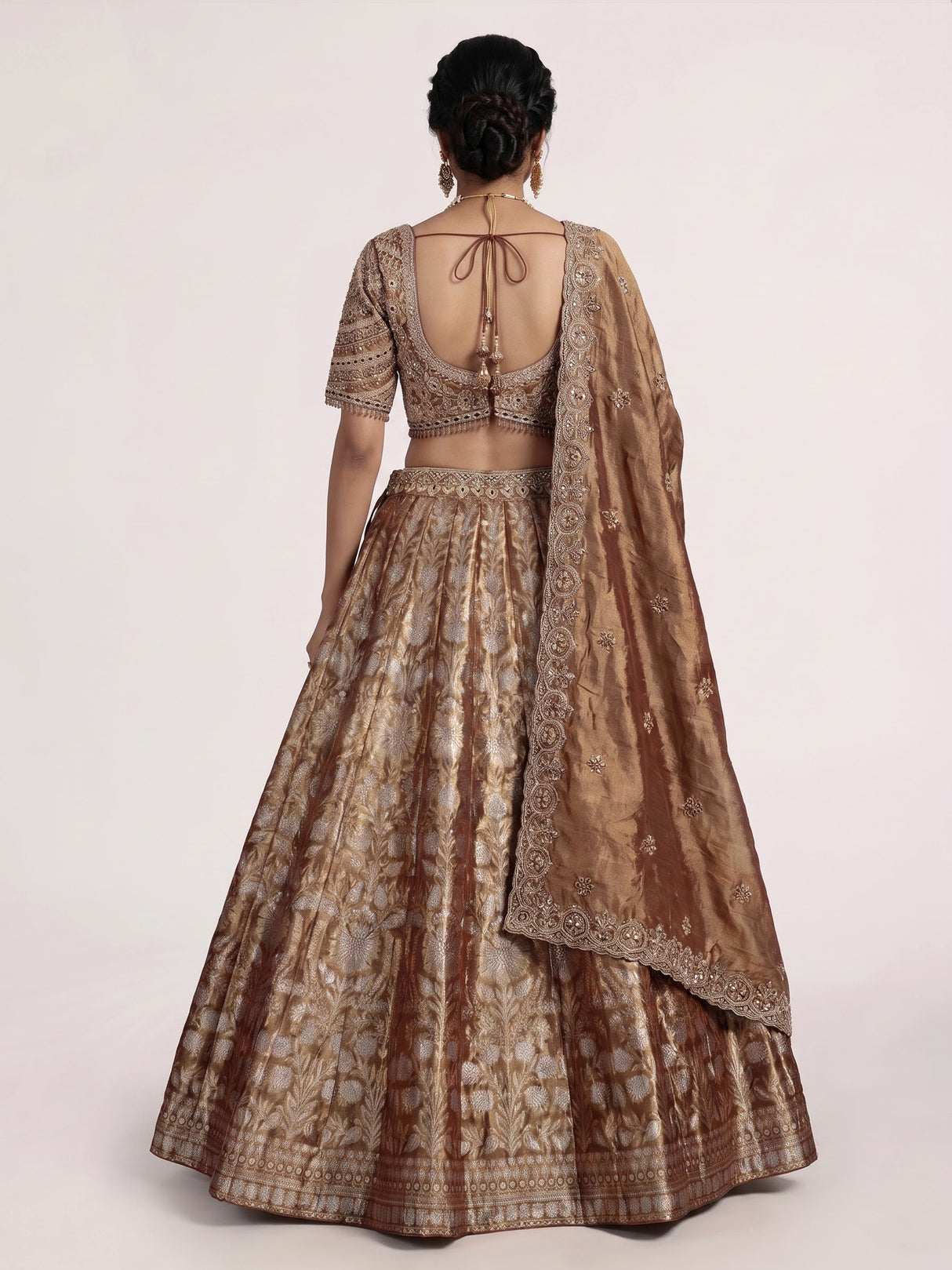 Rust brown banarasi jacquard lehenga choli with dupatta