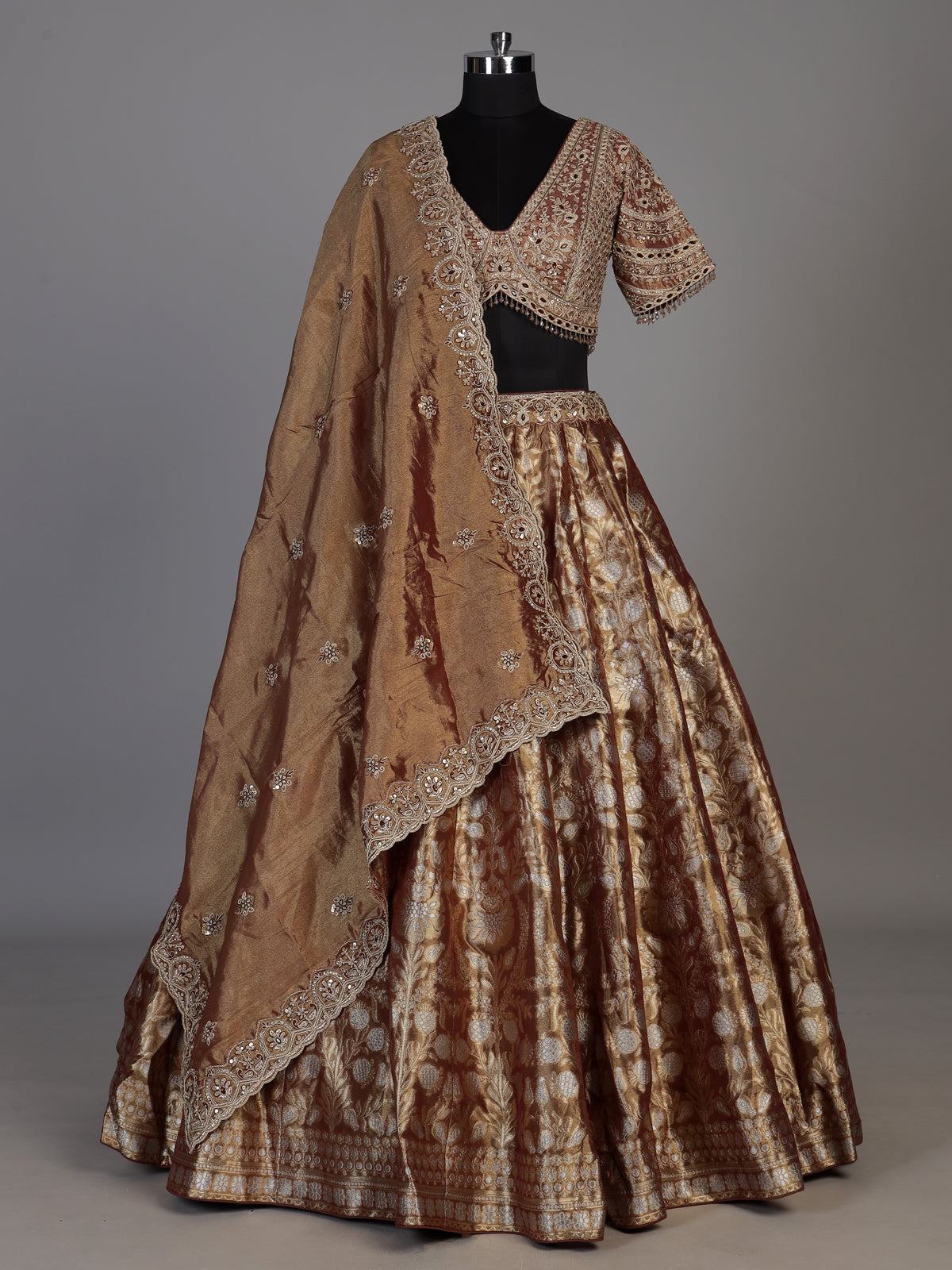 Rust brown banarasi jacquard lehenga choli with dupatta