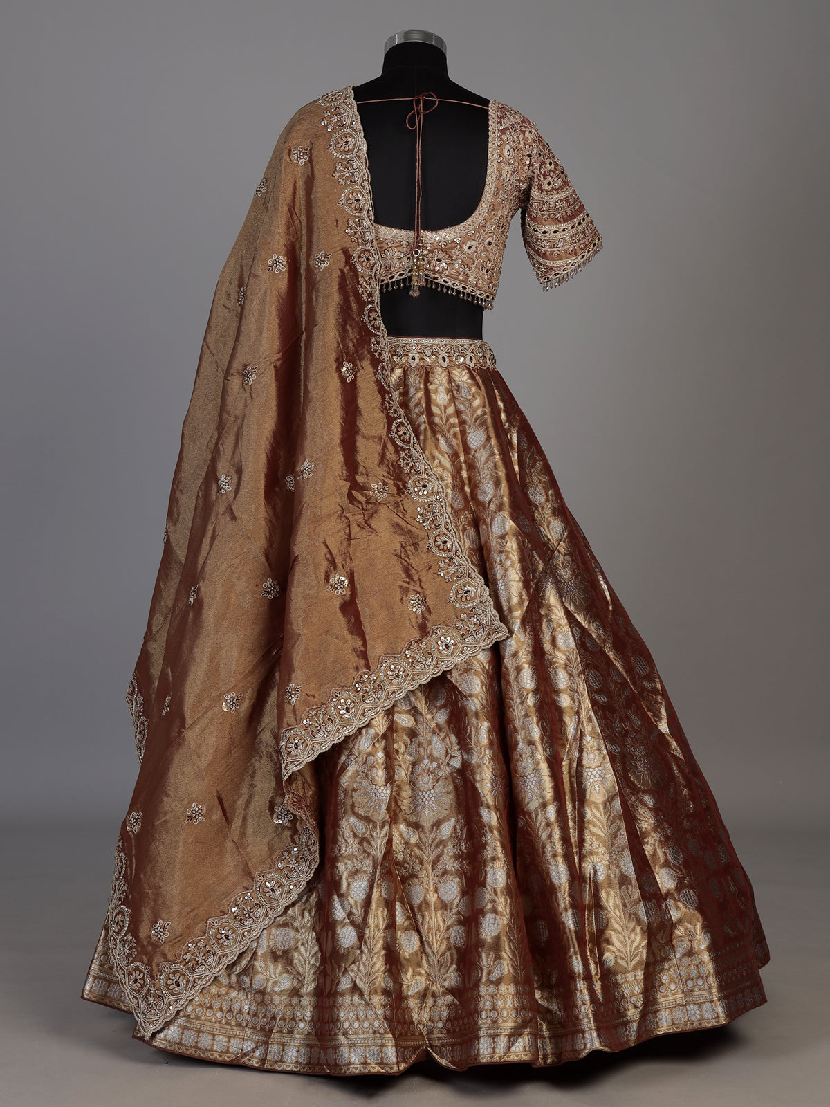 Rust brown banarasi jacquard lehenga choli with dupatta