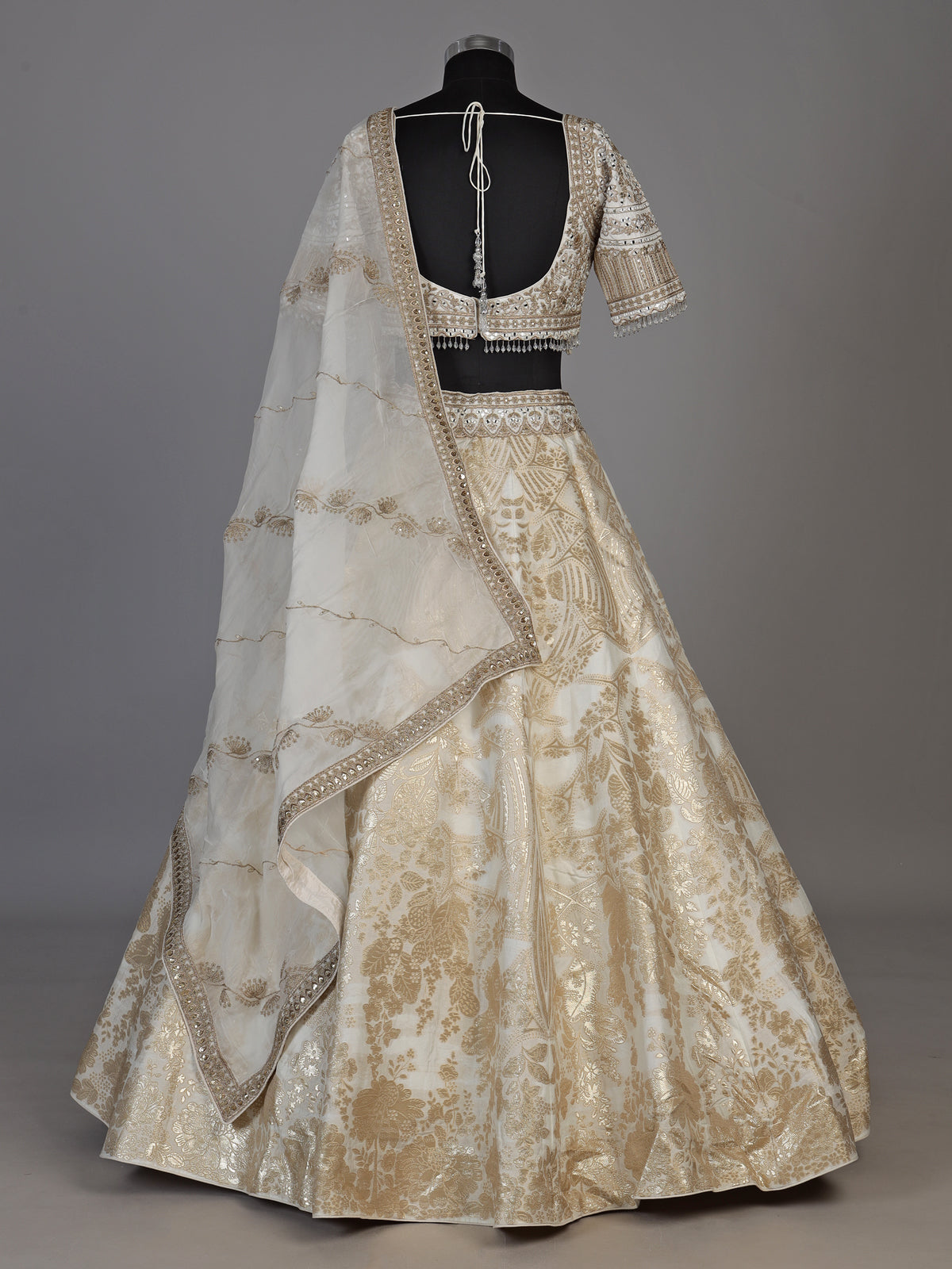 Cream banarasi jacquard lehenga choli with dupatta