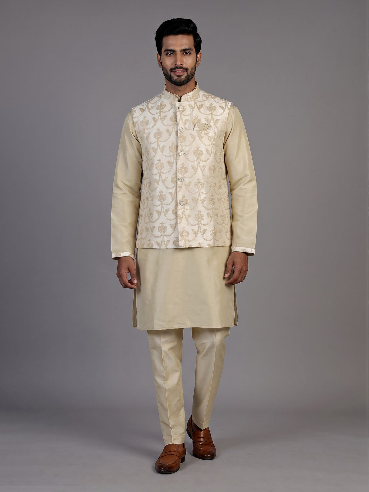 Beige silk waistcoat set for men with delicate sequin threadwork