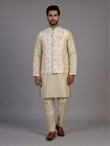 Beige silk waistcoat set for men with delicate sequin threadwork