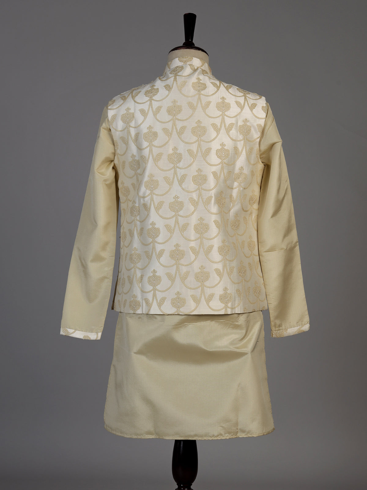 Beige silk waistcoat set for men with delicate sequin threadwork